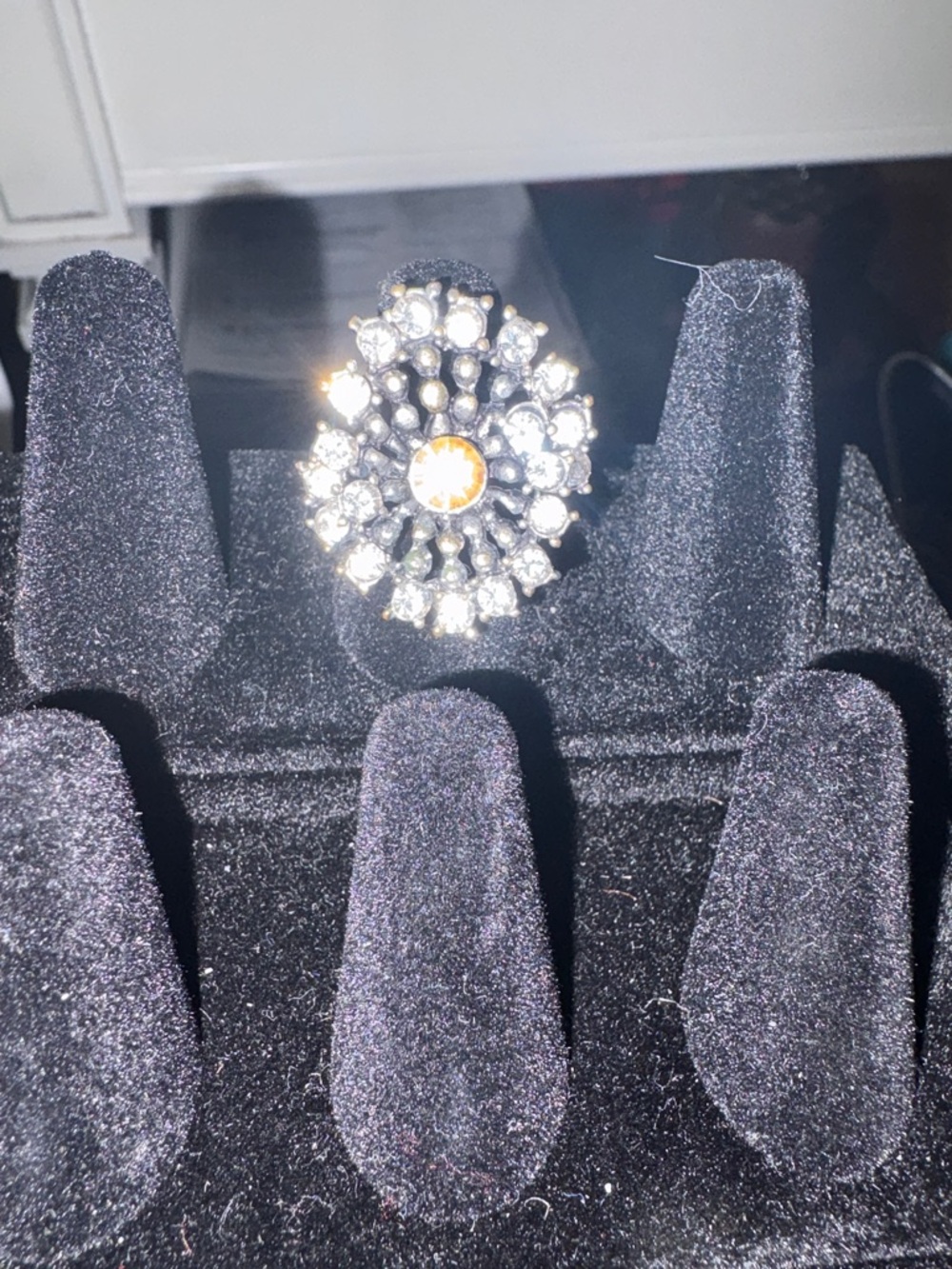 Sparkling Vintage-Style Crystal Cocktail Ring - silver tone. Adjustable